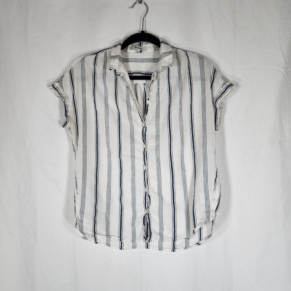 Madewell 100% Cotton Button Up Shirt Top Striped Boxy Gray White Women's Size S